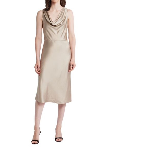 NWT BOSS “Dawida” satin cowl neck midi dress in champagne gold Size 10 - Picture 3 of 14